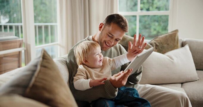 Tablet, high five and dad with baby on sofa in home with educational game for cognitive development. Digital technology, celebration and man with child in living room for gaming, bonding or growth