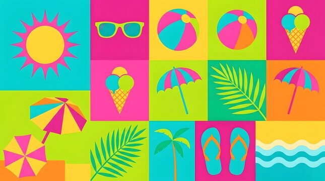 Colorful summer icons collage pattern for seasonal graphic design with vacation