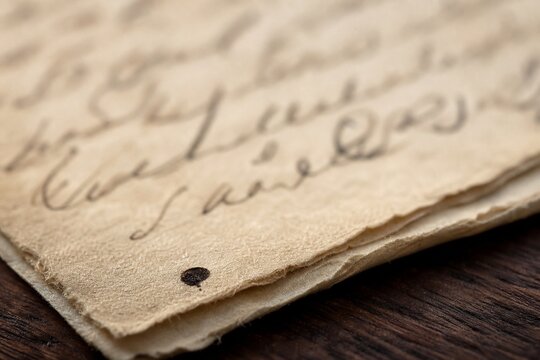 Close-up of antique manuscript paper with handwritten cursive text and ink blot