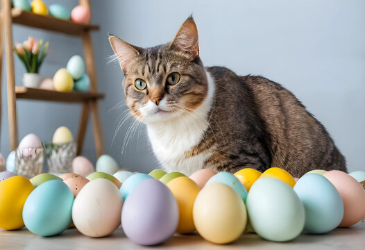 Tabby cat with green eyes sitting behind a row of pastel easter eggs on a light surface, spring holiday celebration, the domestic feline appears curious and engaged with the festive arrangement