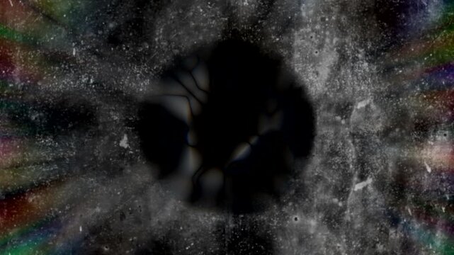 Abstract dark organic texture with a shadowy center, grunge details, and subtle rainbow light refractions creates a dramatic atmospheric background