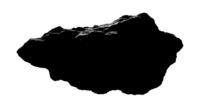 A rough, dark rock fragment isolated on a clean white background. The rock has an irregular, textured surface with deep shadows highlighting its contours.