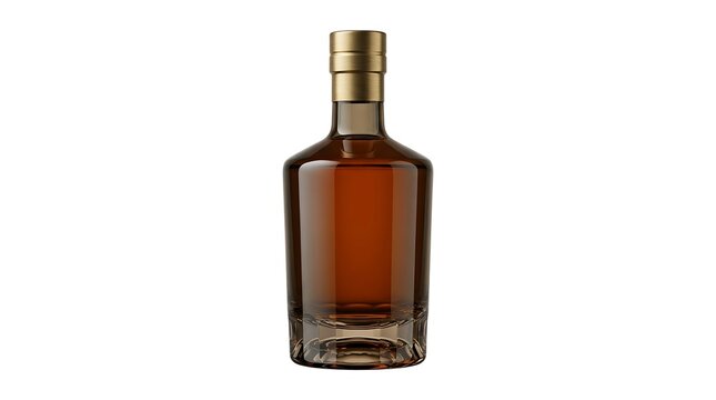 Glass bottle of amber whiskey with a premium gold metal cap isolated on white background