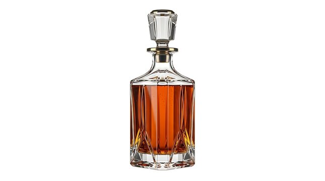 Elegant crystal glass decanter filled with amber whiskey or cognac spirit isolated on white background