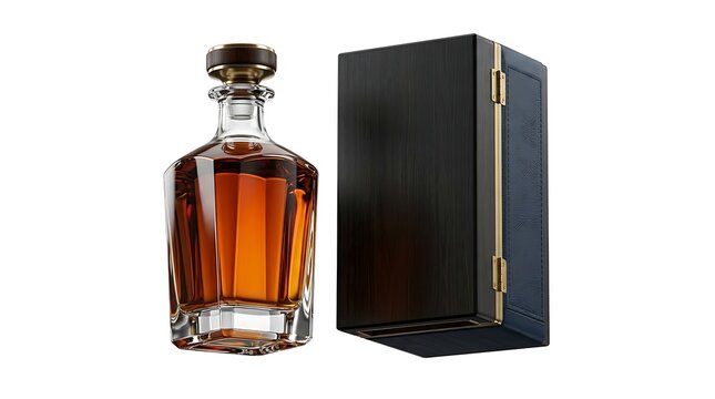 Glass whiskey decanter bottle with amber liquid and a black wooden gift box for premium alcohol storage and luxury branding presentation isolated on white background