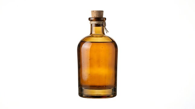 Amber glass bottle with cork stopper filled with organic golden oil or alcohol beverage for premium product packaging design isolated on white background