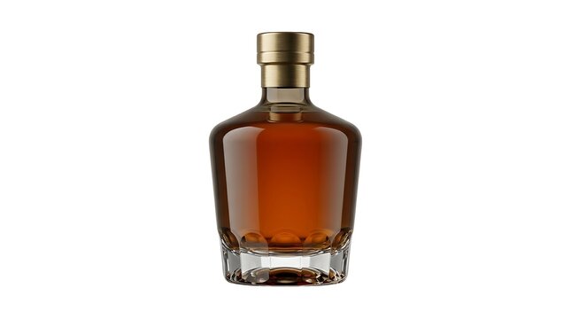 A single glass bottle of dark amber whiskey or cognac with a metallic gold cap isolated on white background