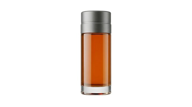 Small glass bottle with brown liquid and grey cap for perfume or cosmetic product isolated on white background