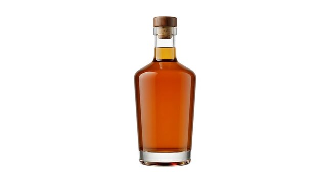 Clear glass bottle filled with golden amber whiskey or rum spirit with a wooden cork stopper isolated on white background