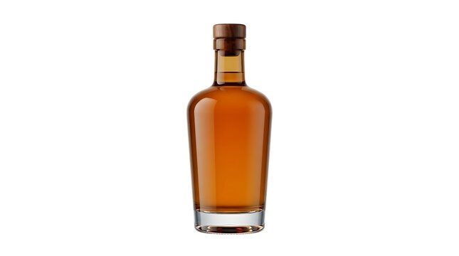 A clear glass bottle filled with golden amber whiskey or rum and a wooden stopper cap isolated on white background