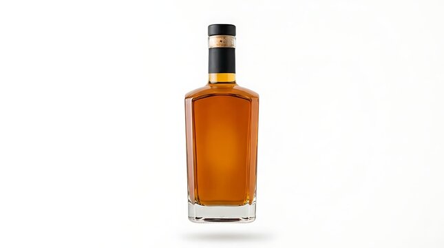 A single glass bottle filled with amber whiskey or bourbon liquor with a black cap and cork stopper isolated on white background