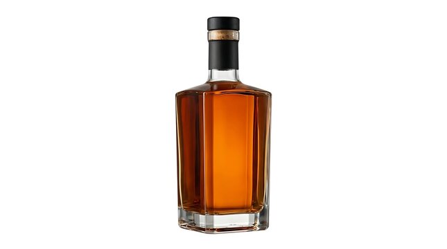 Square glass bottle filled with golden amber whiskey or bourbon liquor with a black cap isolated on white background