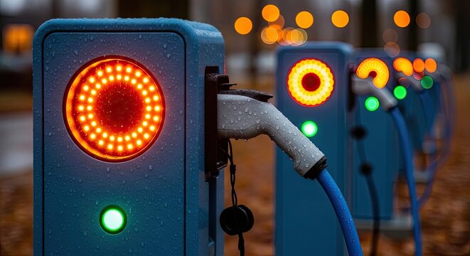 Electric vehicle charging stations with illuminated circular indicators and blue charging cables in a blurred outdoor setting