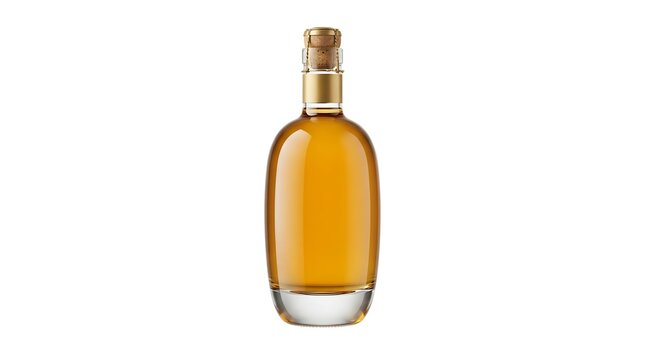 A single glass bottle filled with golden amber whiskey or brandy liquor sealed with a wooden cork topper isolated on white background