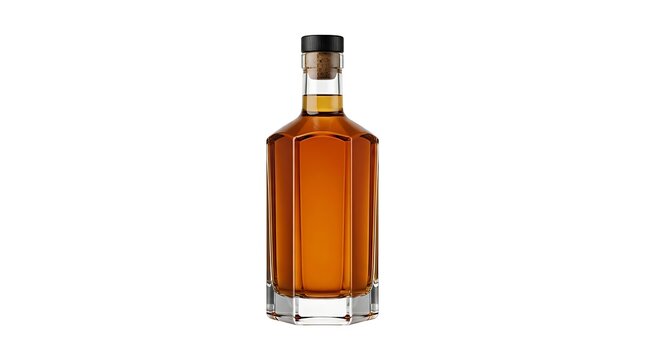 A clear glass bottle filled with amber whiskey or bourbon liquid with a black cap and cork stopper isolated on white background