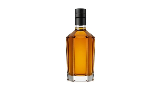 A elegant glass bottle filled with golden amber whiskey or spirit with a black cap isolated on white background