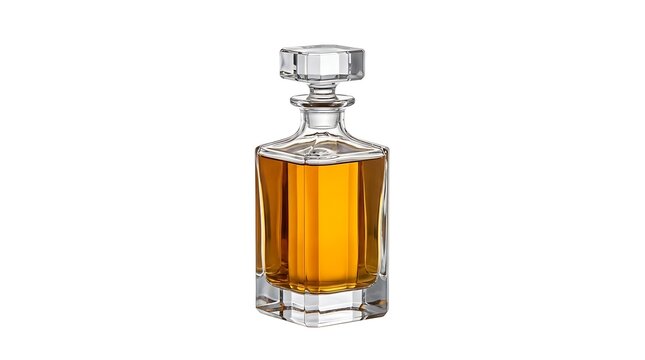 Elegant crystal glass decanter filled with golden amber whiskey or cognac liquor isolated on white background