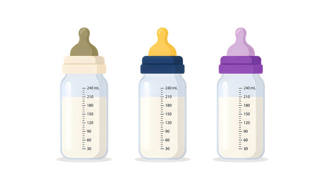 Set of three baby bottles with milk isolated on white background