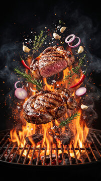 Grilled beef steak cut floating over intense barbecue fire
