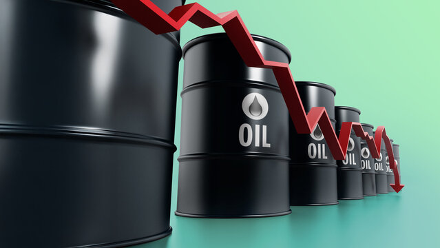 Black oil barrels with red arrow illustrating oil prices falling down. 3D illustration