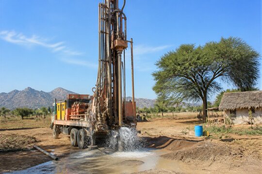 Water well drilling truck pumping water in dry field