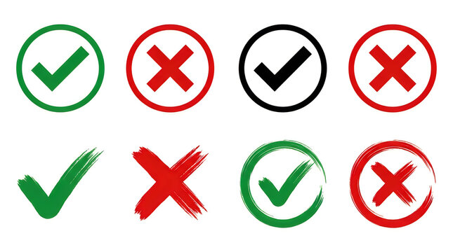 Set of check mark and cross mark icons isolated on white background