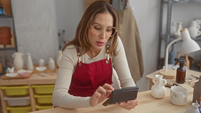 Woman in red apron finger tapping a handheld card reader at pottery studio counter surrounded by ceramic vases and tools; concentration craft skill.