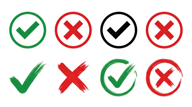 Set of green check marks and red cross marks isolated on white background