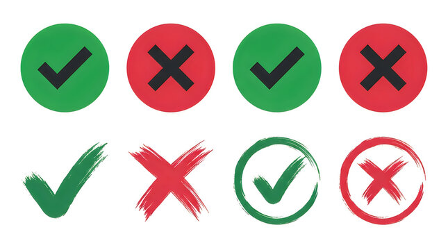Set of green check marks and red cross marks isolated on white background