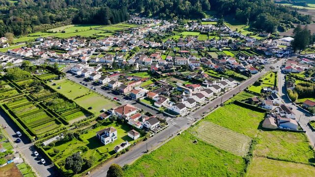 Aerial view of rural roads and buildings in Sete Cidades village, Azores archipelago