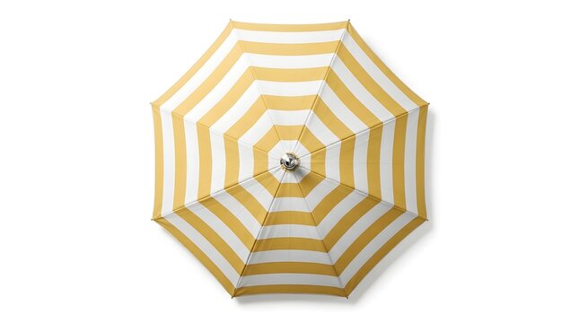 Yellow and white striped beach umbrella seen from directly above with umbrella