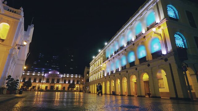 Macau Senado Square at Night with Illuminated Portuguese Colonial Architecture