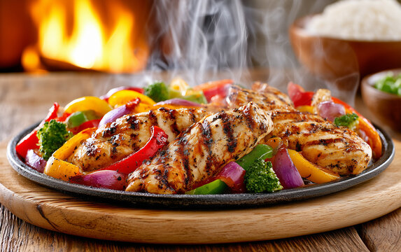 Hot grilled chicken breast slices with bell peppers onion, broccoli inside black iron skillet. Steam rises from fresh fajitas served at restaurant table.