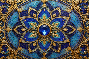 Obraz premium Blue jeweled mandala mosaic set in gilded circular panel