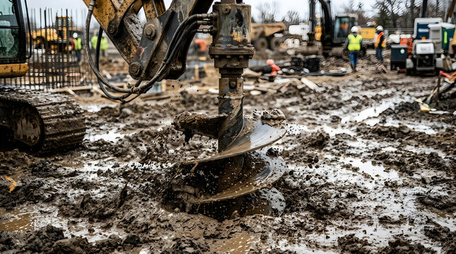 Excavator drilling into muddy ground. Heavy machinery working at a construction site.