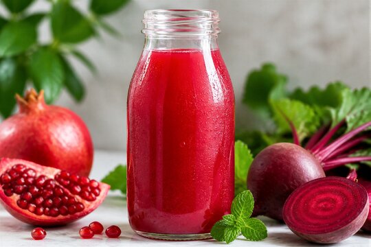 Glass bottle filled with red juice on kitchen counter foreground