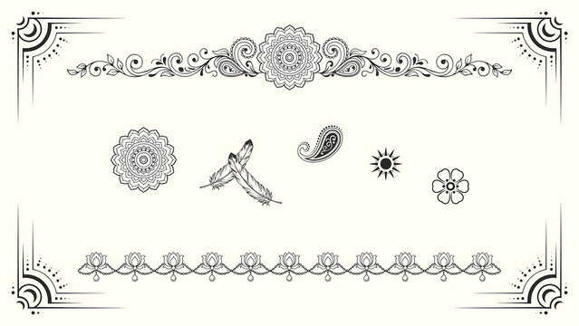 Black and white bohemian border with floral mandala motifs isolated on a transparent background