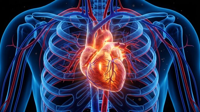 Detailed 3D anatomical illustration of the thorax with a luminous heart and vascular system.