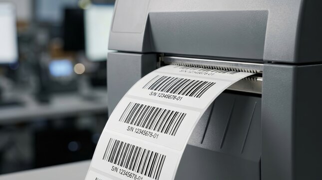 Close up of a barcode label being printed and cut by a label printer machine.