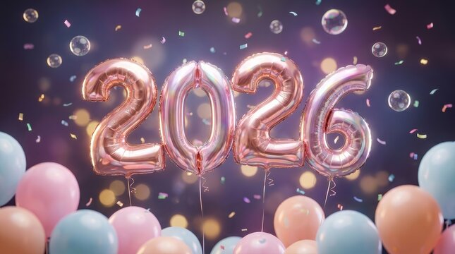 Floating 2026 metallic number balloons surrounded by colorful pastel balloons and falling confetti.