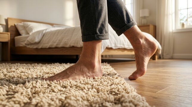 A man's bare feet walking onto a soft shaggy beige rug from a wooden bed in morning sunlight.