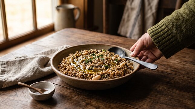 Shared bowl of grains and legumes for mindful dining