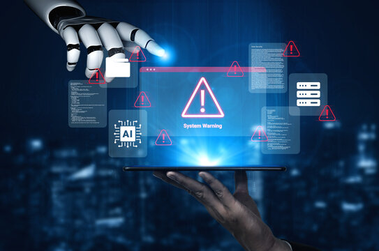 A robotic hand reaches toward a digital screen showing system warning alerts, highlighting the importance of cybersecurity and AI technology in modern innovations. Cyphers