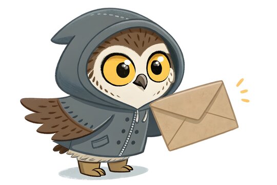 Cartoon owl holding a brown envelope with a hooded cloak