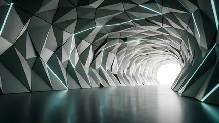 Fototapeta premium Geometric tunnel with glowing neon lines a futuristic 3d rendering