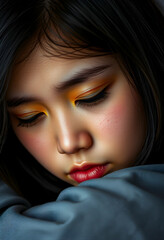 Fototapeta premium Close up of a young asian girl with dramatic orange and white eyeshadow and red lipstick, resting her head