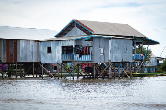 Traditional wooden house on stilts on Tonle Sap lake in Siem Reap area in Cambodia