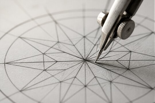 Drafting compass drawing geometric star pattern on paper