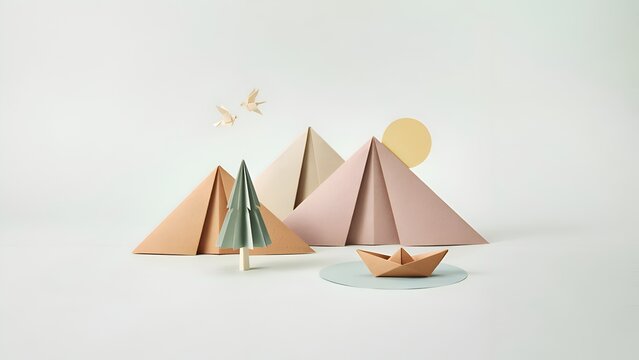 Papercraft mountains tree and boat against a pale background