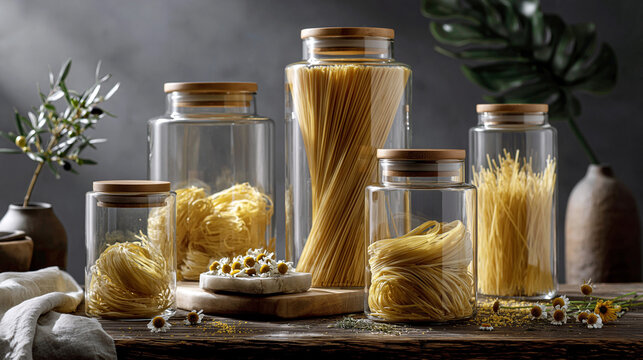 Glass jars with various types of pasta on a rustic wooden table. Glass spaghetti jar with bamboo lid
